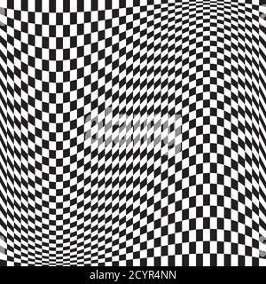 Wavy, waving version Checkered, chequered, chessboard surface with distortion, deformation effect. Distort, deform squares background, pattern. Stock Vector