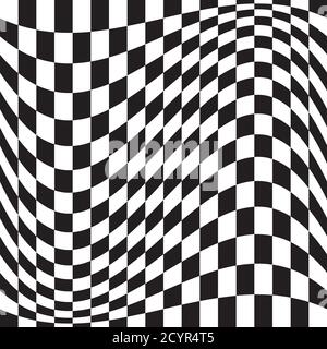 Wavy, waving version Checkered, chequered, chessboard surface with distortion, deformation effect. Distort, deform squares background, pattern. Stock Vector