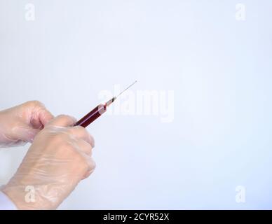 A hand in a latex glove holds a syringe. Doctor holds a syringe for vaccination.