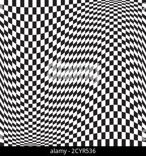 Wavy, waving version Checkered, chequered, chessboard surface with distortion, deformation effect. Distort, deform squares background, pattern. Stock Vector