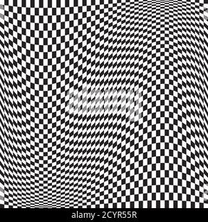 Wavy, waving version Checkered, chequered, chessboard surface with distortion, deformation effect. Distort, deform squares background, pattern. Stock Vector
