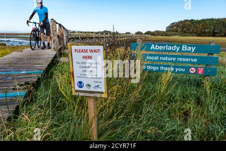 Aberlady Nature Reserve, East Lothian, Scotland, United Kingdom, 2nd October 2020. UK Weather: A beautiful sunny day on the coastline. Visitors need to adhere to the one way social distancing system across the narrow wooden footbridge as a cyclist pushing a bicycle crosses the bridge Stock Photo