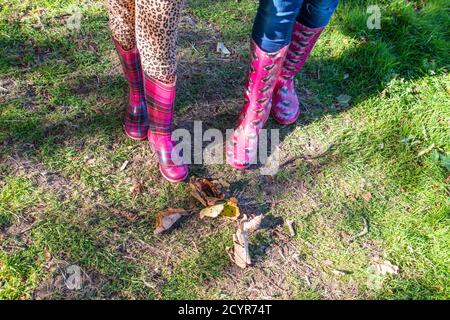 close up of children's feet and  legs wearing brightly colored wellington boots, sitting on a fallen tree in the countryside, in autumn sunshine Stock Photo