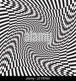 Checkered, chequered, chessboard surface with distortion, deformation effect. Distort, deform squares background, pattern. Ripple, wavy version Stock Vector