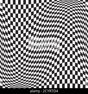 Wavy, waving version Checkered, chequered, chessboard surface with distortion, deformation effect. Distort, deform squares background, pattern. Stock Vector