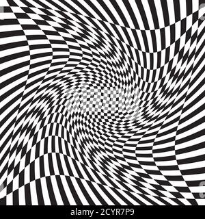 Checkered, chequered, chessboard surface with distortion, deformation effect. Distort, deform squares background, pattern. Ripple, wavy version Stock Vector