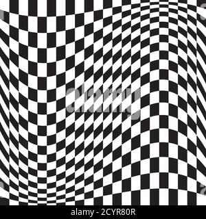 Wavy, waving version Checkered, chequered, chessboard surface with distortion, deformation effect. Distort, deform squares background, pattern. Stock Vector