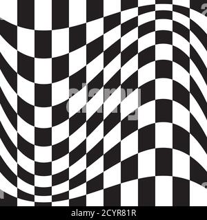 Wavy, waving version Checkered, chequered, chessboard surface with distortion, deformation effect. Distort, deform squares background, pattern. Stock Vector