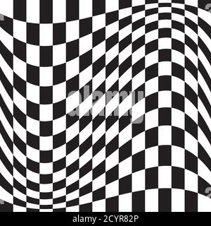 Wavy, waving version Checkered, chequered, chessboard surface with distortion, deformation effect. Distort, deform squares background, pattern. Stock Vector