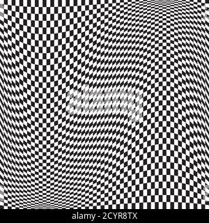 Wavy, waving version Checkered, chequered, chessboard surface with distortion, deformation effect. Distort, deform squares background, pattern. Stock Vector