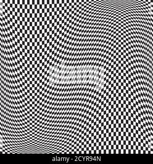 Wavy, waving version Checkered, chequered, chessboard surface with distortion, deformation effect. Distort, deform squares background, pattern. Stock Vector