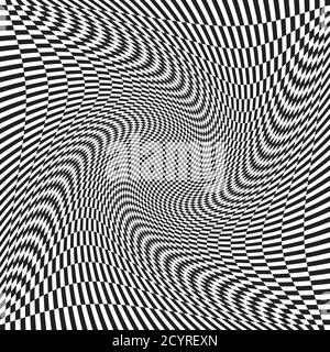 Checkered, chequered, chessboard surface with distortion, deformation effect. Distort, deform squares background, pattern. Ripple, wavy version Stock Vector