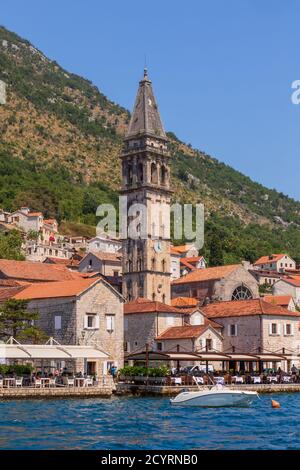 The venetian design bell tower of St Nicholas church in the centre of Perast, Montenegro Stock Photo