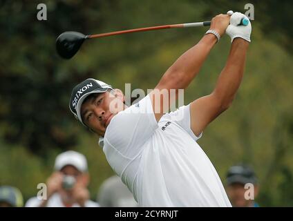 Hideki Matsuyama of Japan hits off the 15th tee during his practice round ahead of the 2015 Masters at Augusta National Golf Course in Augusta, Georgia April 8, 2015.  REUTERS/Brian Snyder