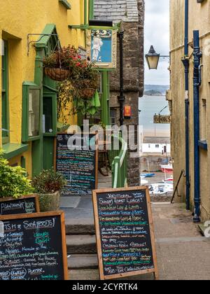 Chalk board menus outside the Plantagenet House restaurant in Tenby,  Pembrokeshire Coast National Park, Pembrokeshire, Wales Stock Photo