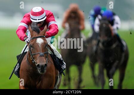 Tom Marquand riding Piranesi (red) wins The Berkshire Youth Classified Stakes at Ascot Racecourse, Ascot. Stock Photo