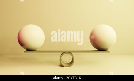 Balance equality, stability concept with libra, scale, balls or globes balancing in realistic studio interior, 3d rendering illustration wallpaper Stock Photo