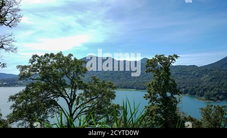 Natural view of a tropical mountain lake from a height in Bali, Indonesia Stock Photo