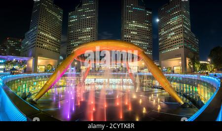 Singapore City, SINGAPORE - FEBRUARY 10, 2017 : Light show of the fountain of Wealth at Suntec City Towers on February 10,2017 in Singapore. Fountain Stock Photo