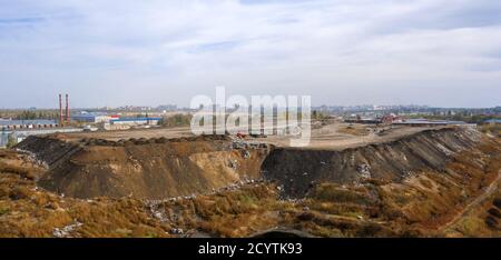 aerial view of the city's garbage dump on the outskirts of the city. Stock Photo
