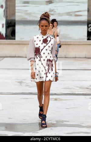 Paris, France. 1st Oct, 2020. A model presents creations by CHLOE during the Paris Fashion Week's Women Spring/Summer 2021 ready-to-wear fashion show in Paris, France, on Oct. 1, 2020. Credit: Piero Biasion/Xinhua/Alamy Live News Stock Photo