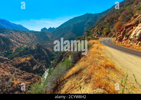 Kings river Canyon scenic Highway 180 in Kings Canyon National Park, California, United States of America. Aerial view of Kings river bordered by Stock Photo