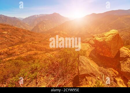 sunset light on Kings river Canyon scenic byway, Highway 180 in Kings Canyon National Park, California, United States of America. Stock Photo