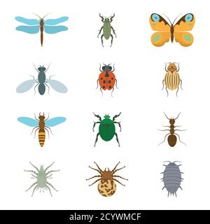 Icons set insects flat - dragonfly, beetle, butterfly, fly, ladybug, koroladsky beetle, wasp, bronzovik ant, tick, a spider, wood louse, vector Stock Vector