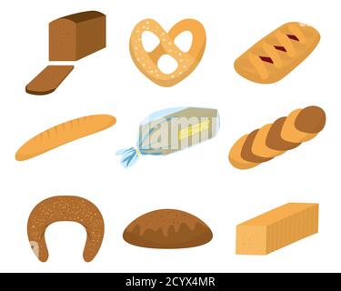 Different kinds of bread set for cafe menu. Collection of pastry or bakery items isolated on white for print or web. Cartoon bread. Packing Stock Vector