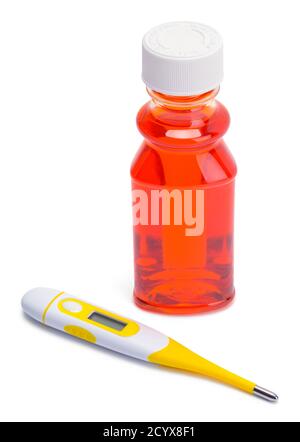 Bottle of Orange Medicine with Yellow Thermometer. Stock Photo