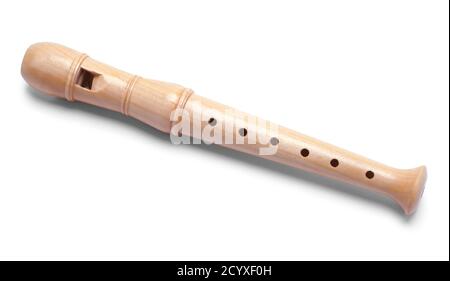 Wood Recorder Musical Instrument Top View Isolated on White. Stock Photo