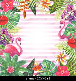 Paradise background. Pink flamingo birds exotic tropical jungle rain forest bright green plants flowers border frame template on pink striped backgrou Stock Photo