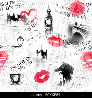 Black white and red London city grunge background. Seamless pattern with hand drawn elements. Pattern for wrapping, wallpaper, textile, fabric. Stock Photo