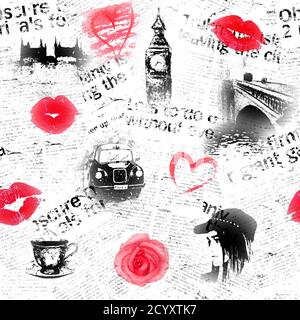 Black white and red newspaper London grunge background. Seamless texture with hand drawn symbols of England andl heart, rose, lipstick kiss and fashio Stock Photo