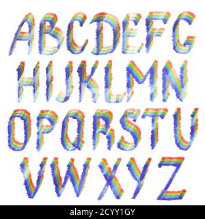 Rainbow alphabet. Watercolour hand drawn purple, blue, light blue, green, yellow, orange and red english alphabet letters isolated on white background Stock Photo