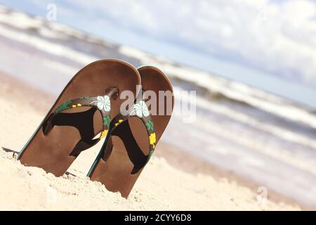Pair of brown flip flops on sandy beach in summer with blury ocean in background Stock Photo