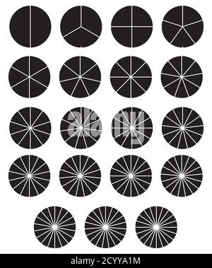 Circle pie chart, pie diagram icon from 2 to 20 sections. Simple, basic infochart, infographic template. Segmented circles, circular diagram, chart ic Stock Vector