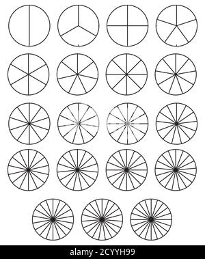 Circle pie chart, pie diagram icon from 2 to 20 sections. Simple, basic infochart, infographic template. Segmented circles, circular diagram, chart ic Stock Vector