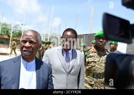 The former President of South Africa, Thabo Mbeki speaks to the media on the sidelines of his visit to the AMISOM Force Headquarters in Mogadishu, Somalia on 21 July 2019. President Mbeki led the African Union High-Level Implementation Panel which also comprised of IGAD and UN officials, on a consultation mission to Somalia from 20-22 July 2019. Stock Photo