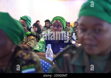 AMISOM female peacekeepers and female soldiers from the Somali National Army (SNA) attend a one-day workshop on empowering female peacekeepers organised by AMISOM's Human Rights, Protection and Gender Unit in Mogadishu on 24 October 2019. Stock Photo