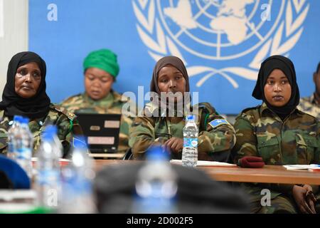 Female military officers from the Somali National Army (SNA), attend a Female Engagement Team (FET) training organised by the AMISOM and UK Mission Support Team in Mogadishu, Somalia on 9 November 2019. Stock Photo