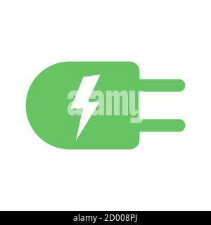 Green electric plug icon symbol with lightning bolt in flat design style. Green energy eco power vector illustration isolated Stock Vector