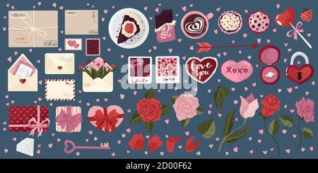 Elements and objects for Valentine's Day. Postcard, enveloments, hearts, lolipop, coffee, cake, roses, and etc. Vector cute illustration collection in Stock Vector