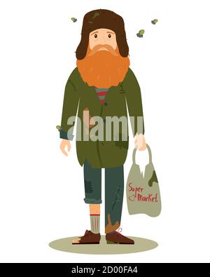 Homeless. Shaggy man in dirty rags flies and with a package in his hand. Vector illustration. Stock Vector