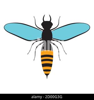 Flying black bee with blue wings. Bee icon, isolated on white background. Insects. Flat style. Stock Vector