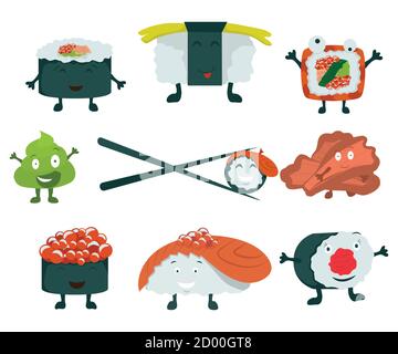 Sushi set on a white background. Sushi roll, ginger, wasabi. Japanese food. Stock Vector