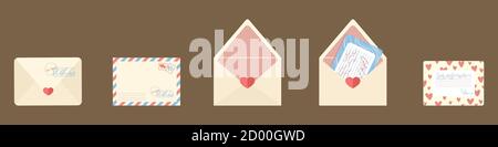 Post card and envelope set. Isolated hand-drawn postal cards and envelopes with post stamps. Vector illustration collection in cartoons flat style. Cu Stock Vector