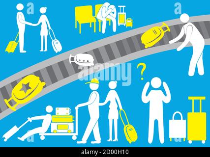 The airport, the pilot, an immigrant, a tourist visitor, passengers, baggage, flight, icon, family. Vector illustration. Stock Vector