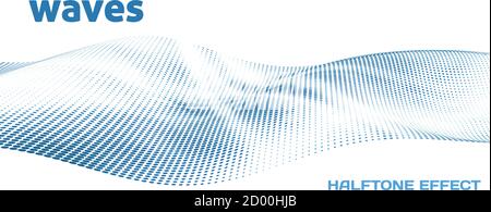 Wavy surface. Abstract blue dotted waves with halftone effect on white background. Vector graphics Stock Vector