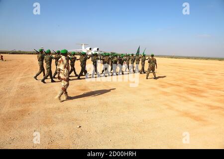 AMISOM soldiers in Beletweyne, Somalia, on parade during a sendoff ceremony for outgoing AMISOM Sector Four Commander, Col. Mohamed Ibrahim Moussa on 16 February 2020. Stock Photo